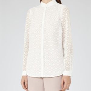 REISS White Textured Madison Long Sleeve Geometric Blouse